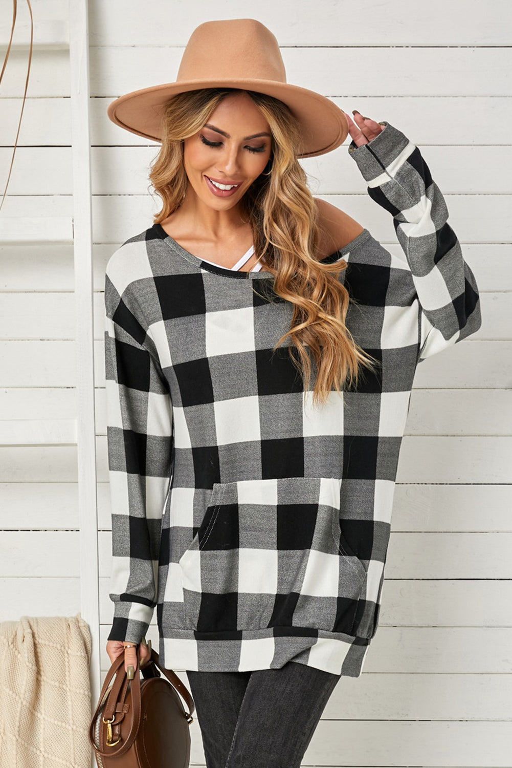 Plaid Long Sleeve Tunic Sweatshirt