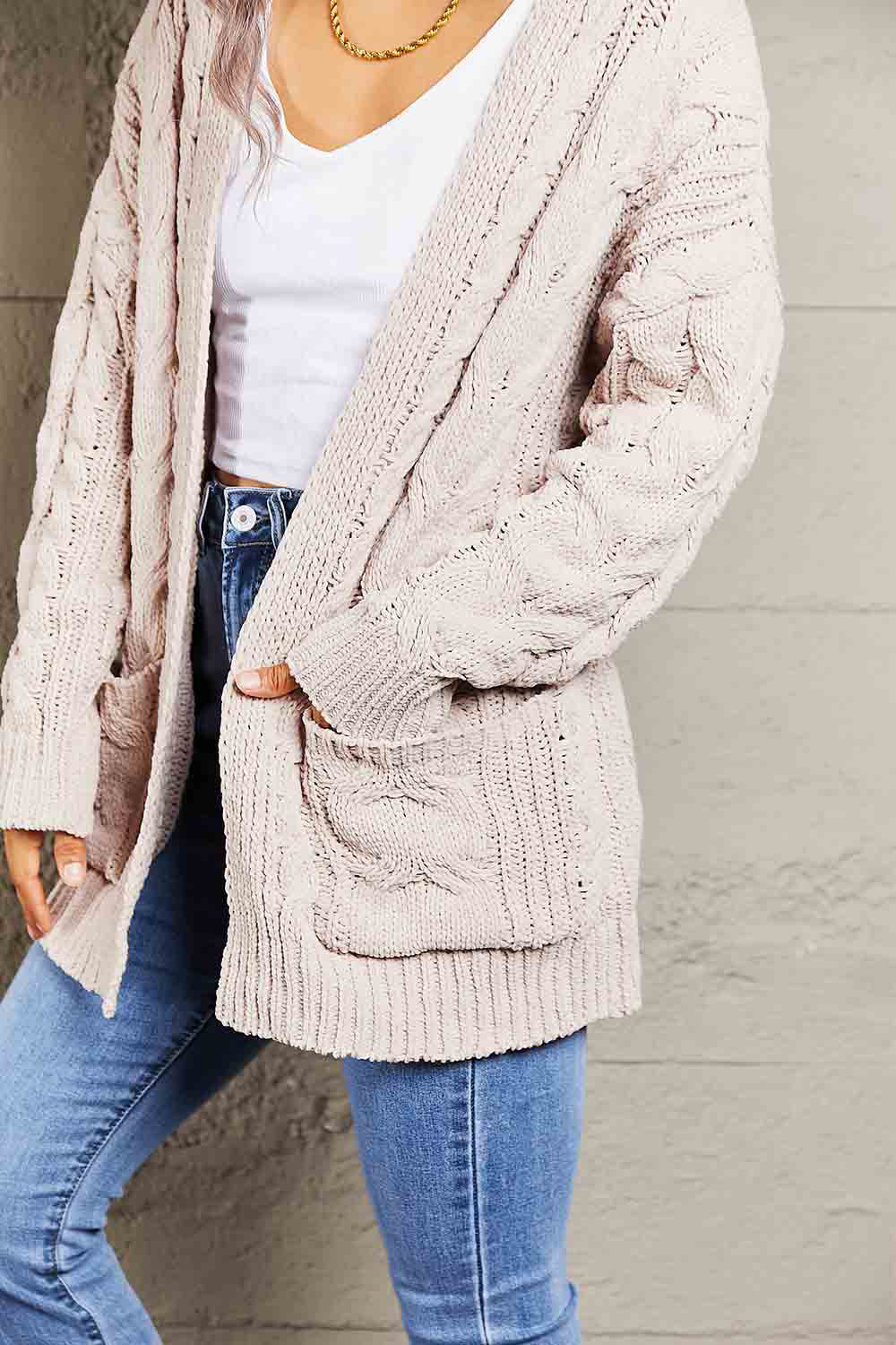 Woven Right Cable-Knit Open Front Cardigan with Front Pockets