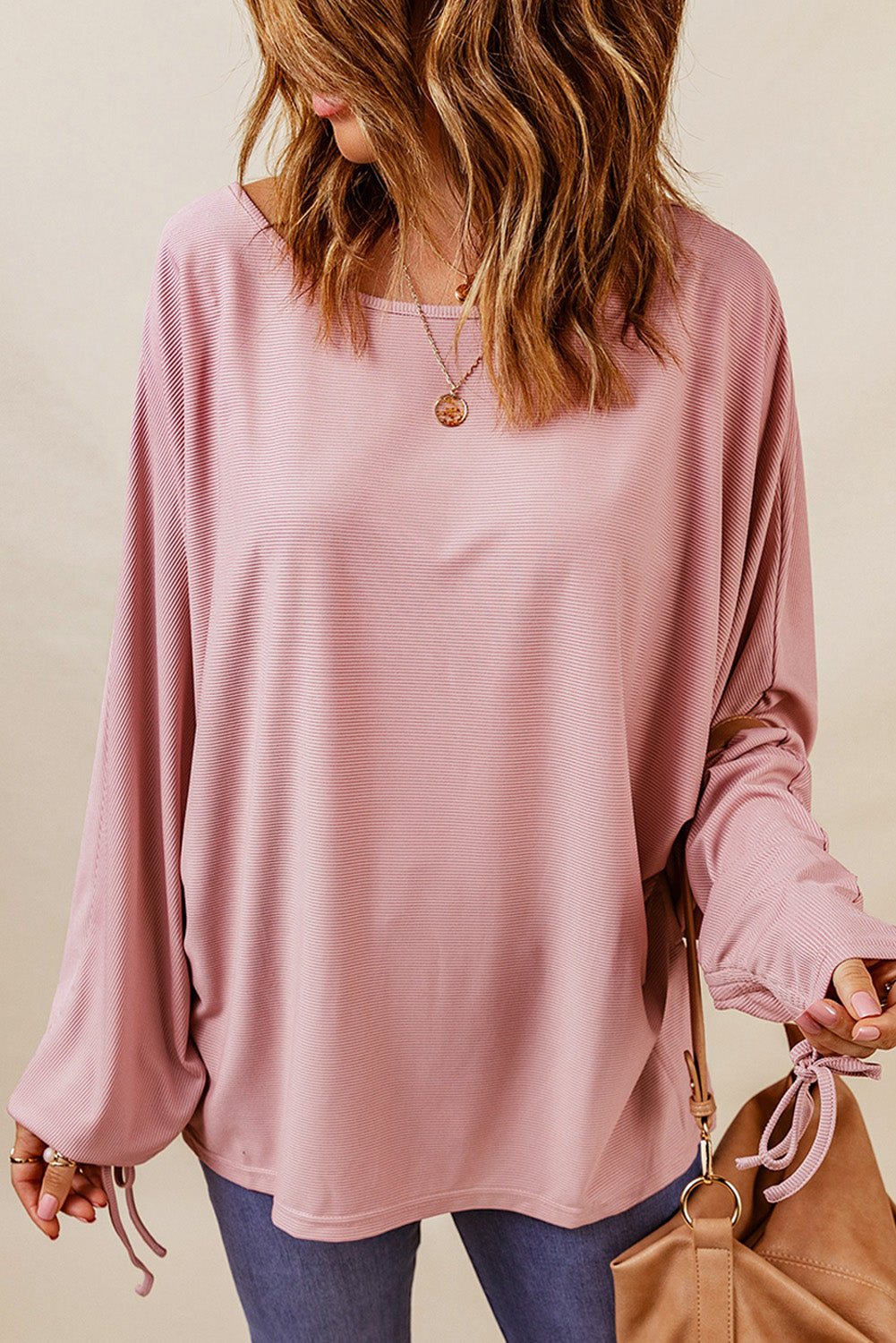 Ribbed Drawstring Dolman Sleeve Top