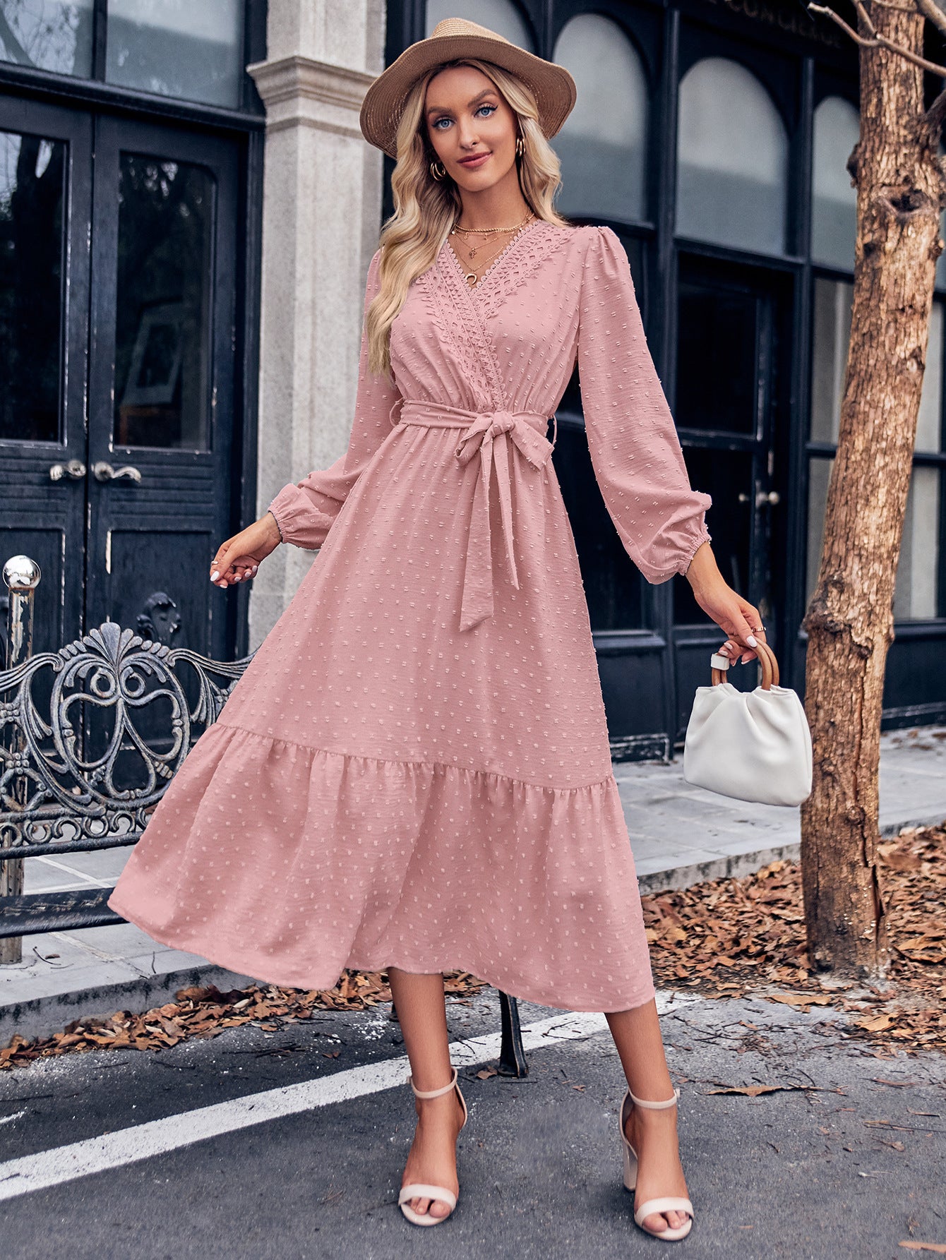 Swiss Dot Belted Surplice Puff Sleeve Midi Dress