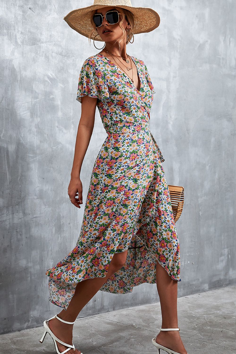 Floral Surplice Neck Tied Midi Dress