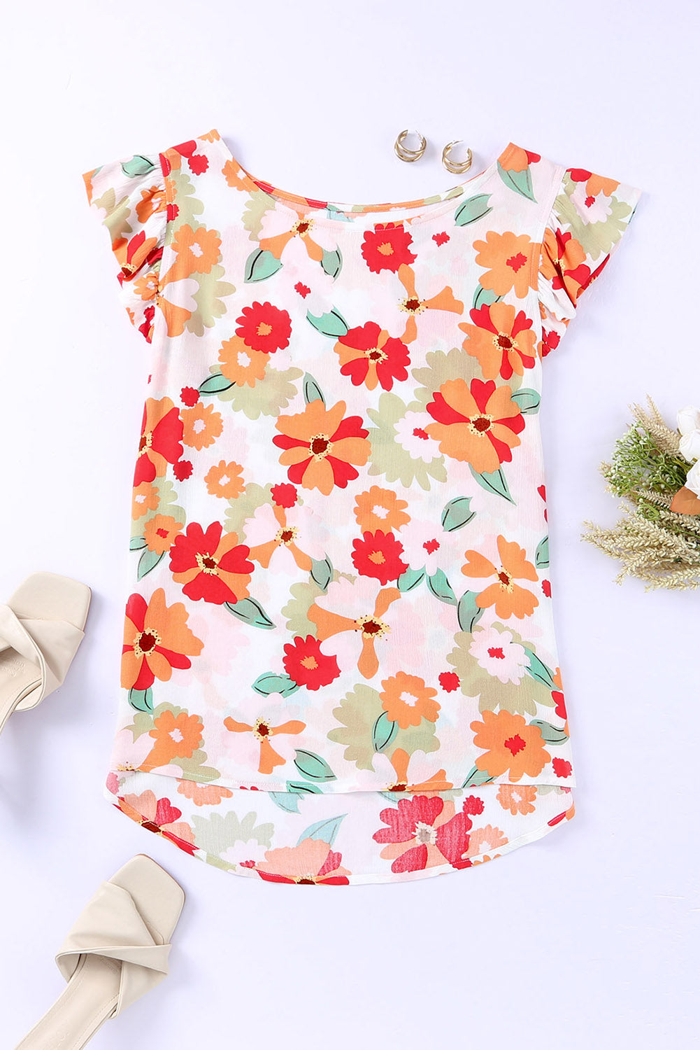 Floral Flutter Sleeve Round Neck Blouse