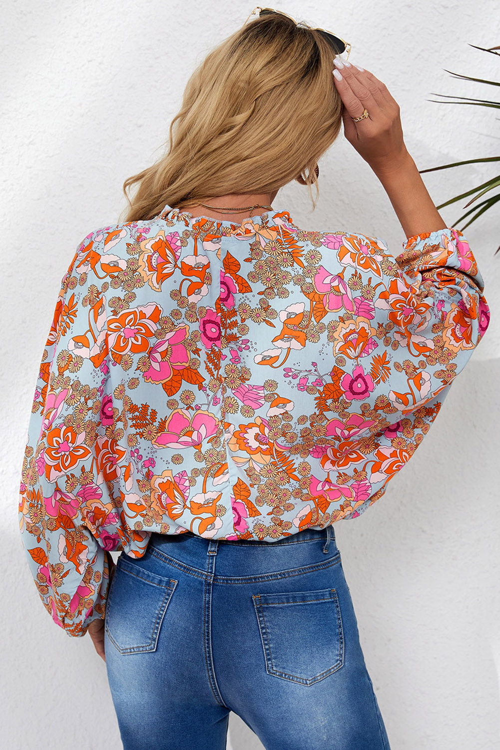 Floral Frill Trim Balloon Sleeve Blouse