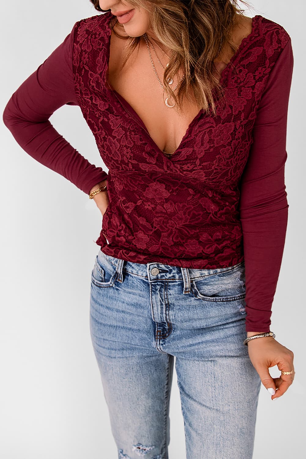 Lace Long Sleeve Plunge Blouse