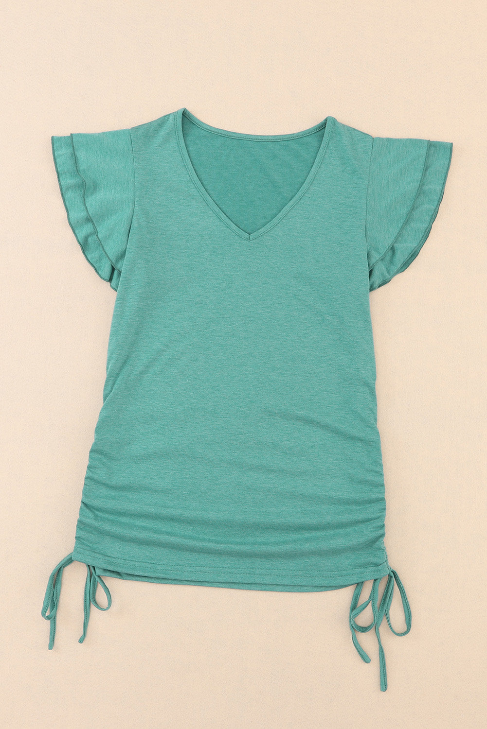 V-Neck Drawstring Layered Flutter Sleeve Tee