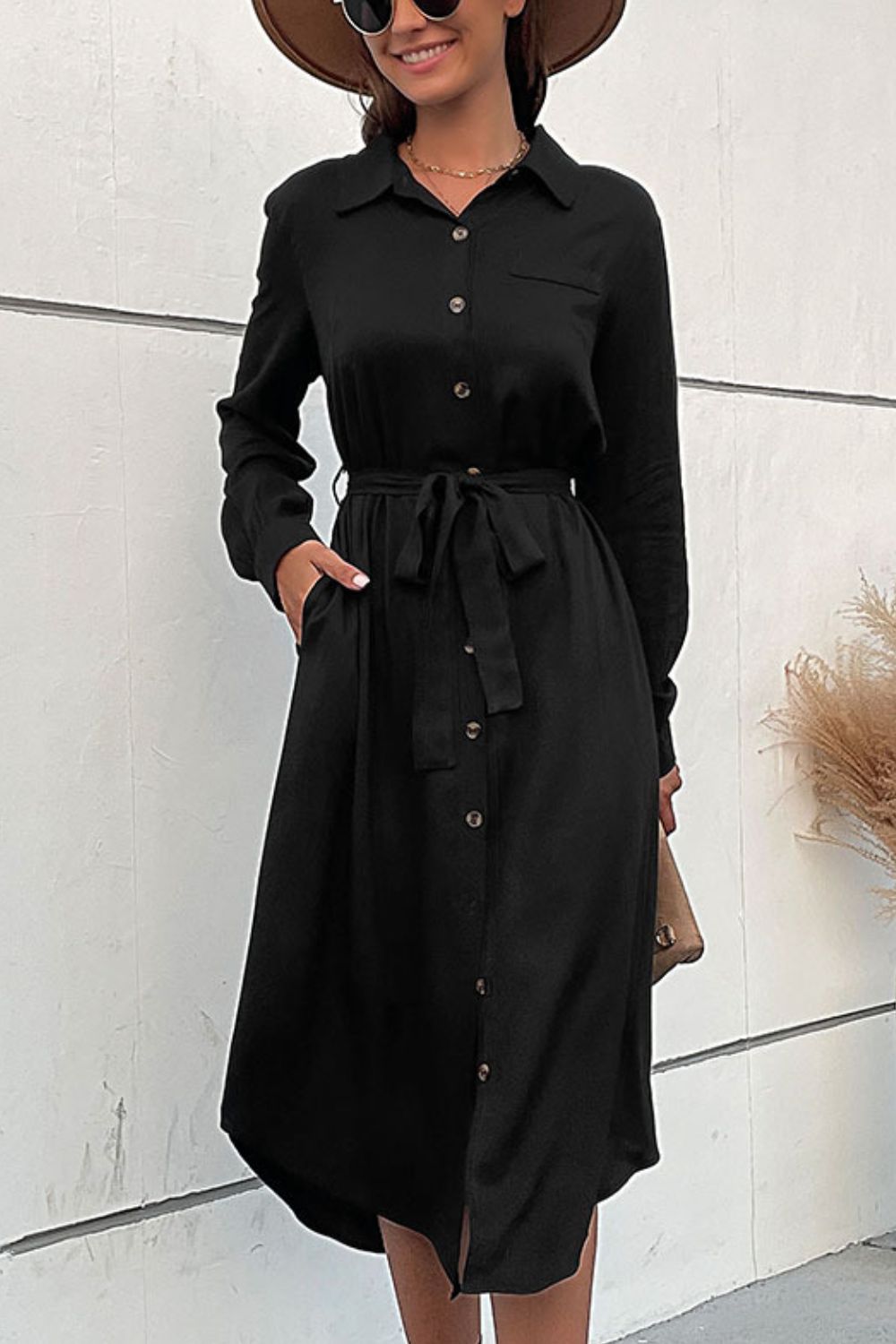 Curved Hem Belted Long Sleeve Shirt Dress