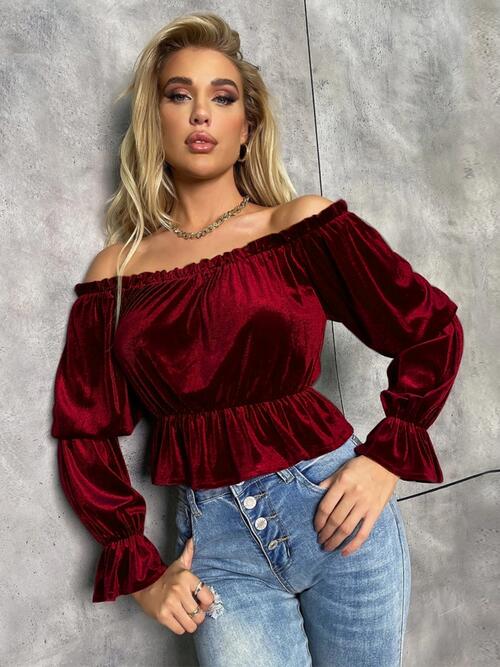 Off-Shoulder Flounce Sleeve Blouse