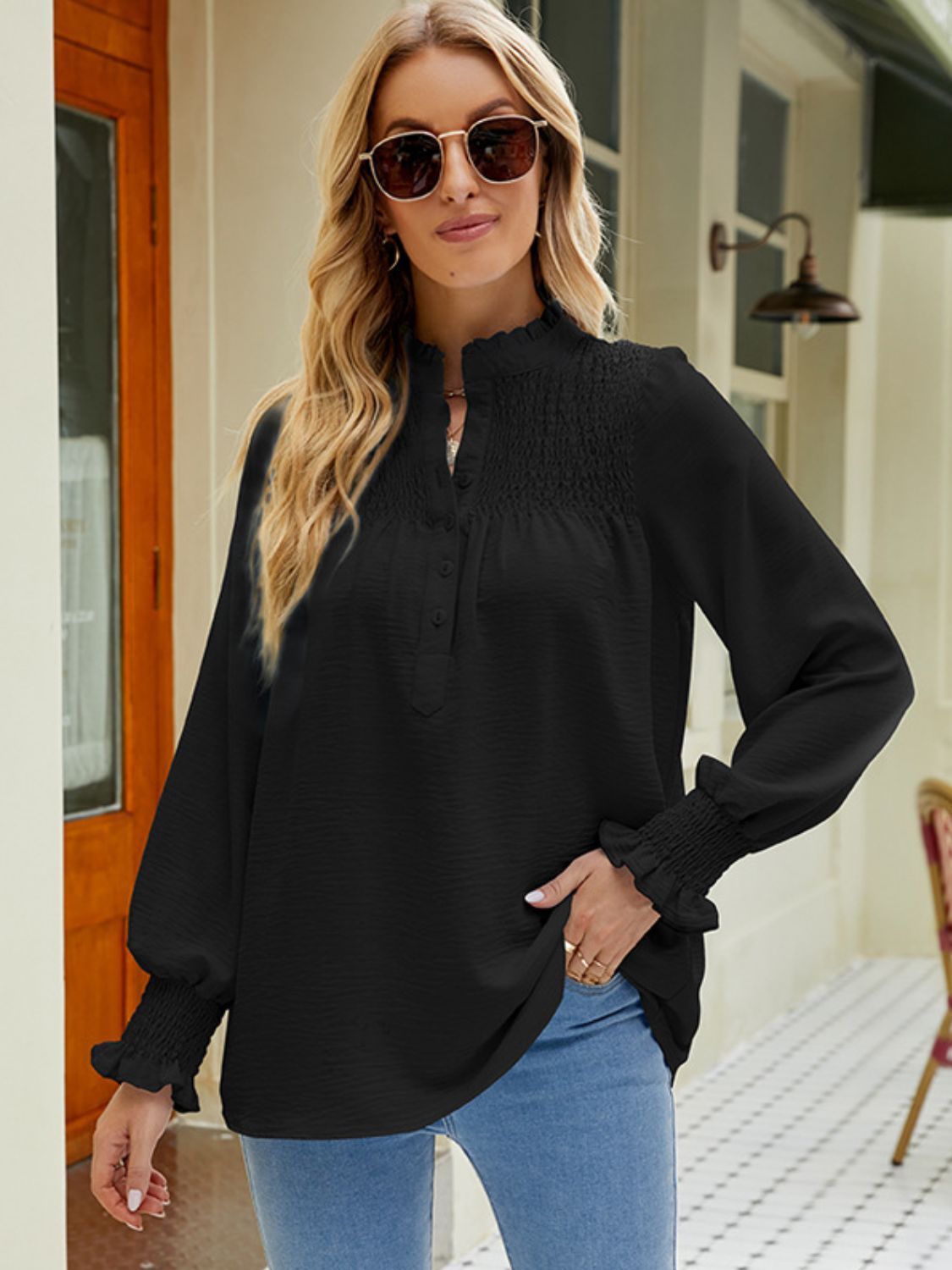 Notched Neck Button-UP Smocked Flounce Sleeve Blouse