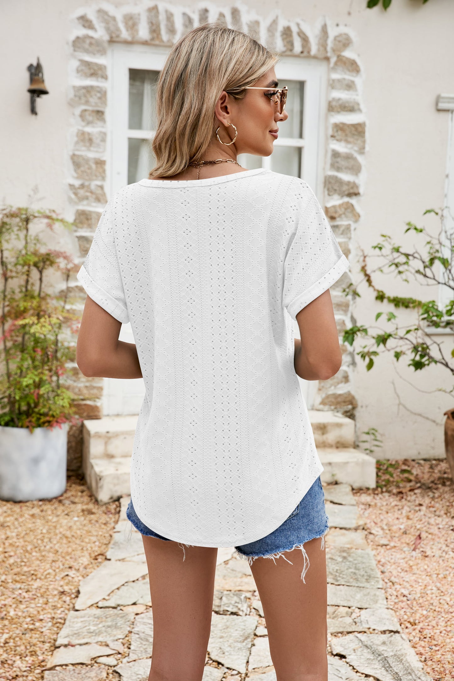 Full Size Round Neck Eyelet Short Sleeve Top