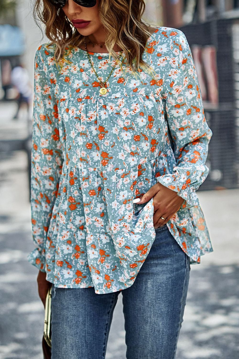 Floral Flounce Sleeve Tiered Blouse