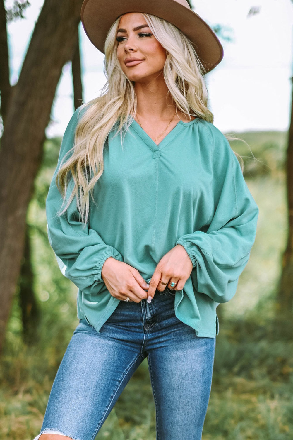 Notched Neck Balloon Sleeve Blouse