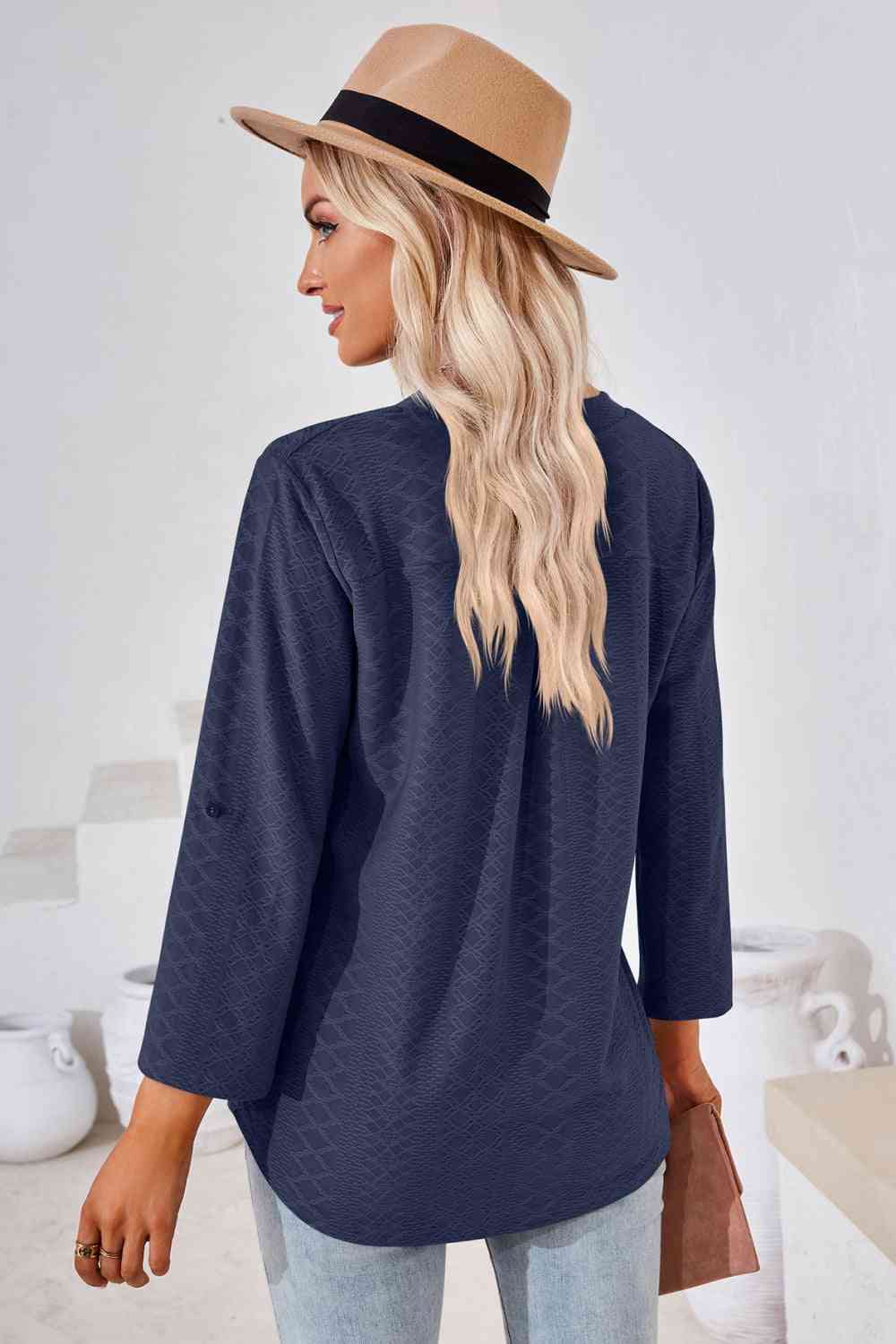 V-Neck Roll-Tap Sleeve Blouse