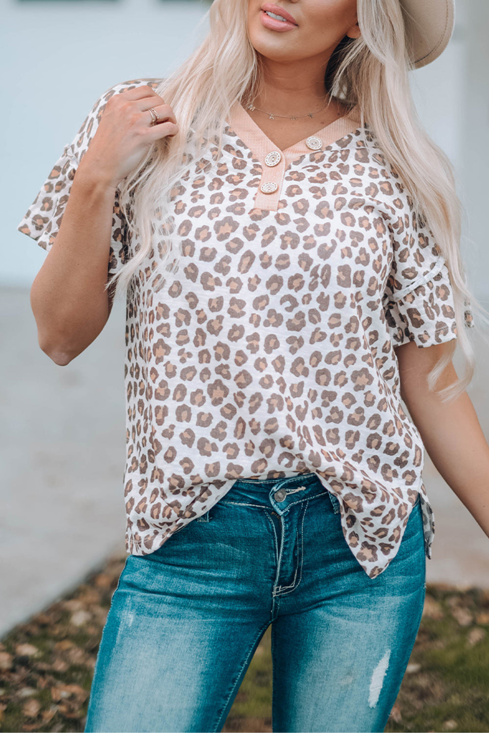 Leopard Buttoned Short Flounce Sleeve T-Shirt