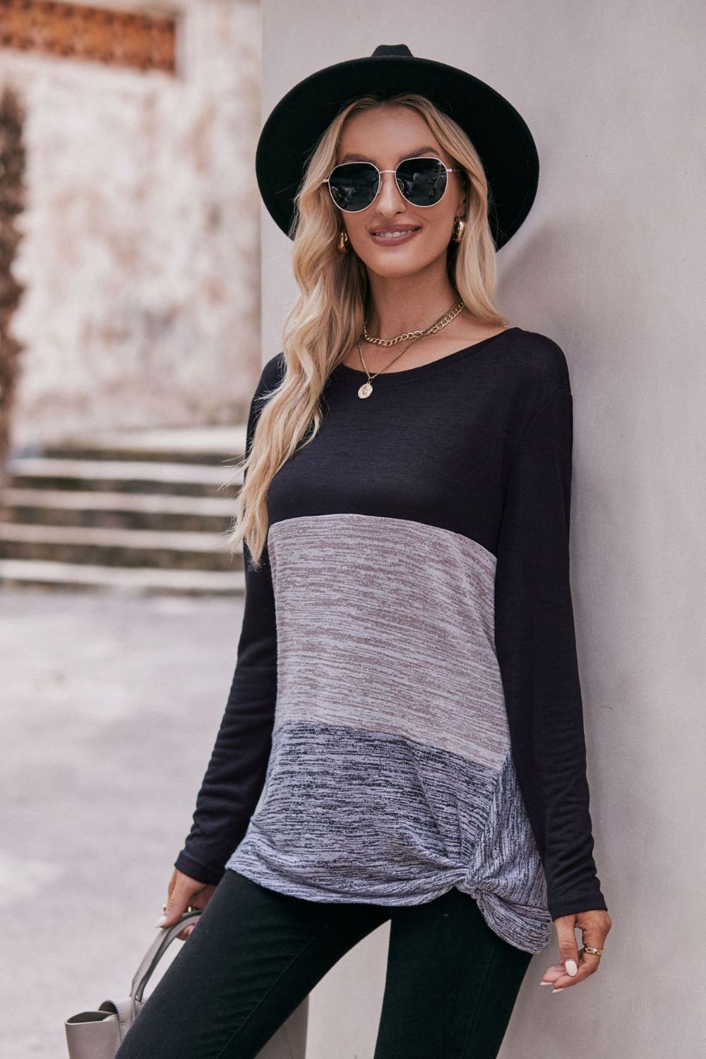 Color Block Twisted Detail Long Sleeve Top