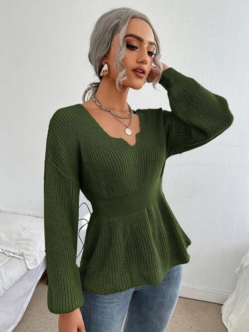 Notched Dropped Shoulder Knit Top