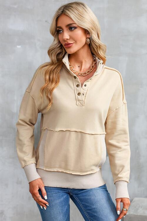 Half Snap Drop Shoulder Long Sleeve Sweatshirt