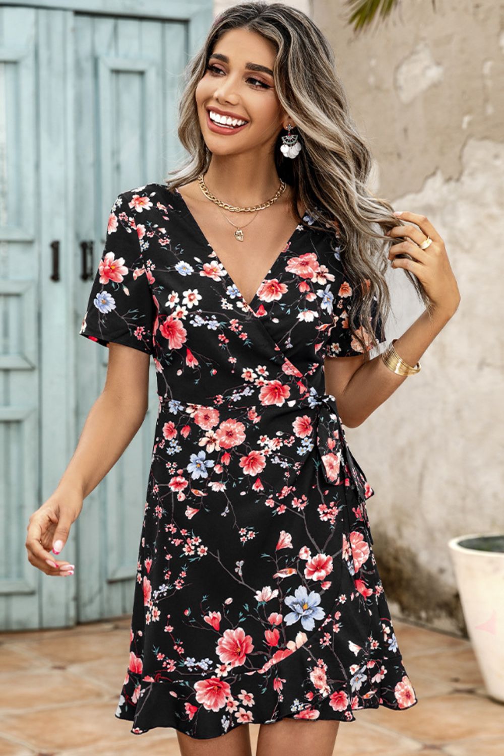 Floral Tied Ruffle Hem Surplice Dress