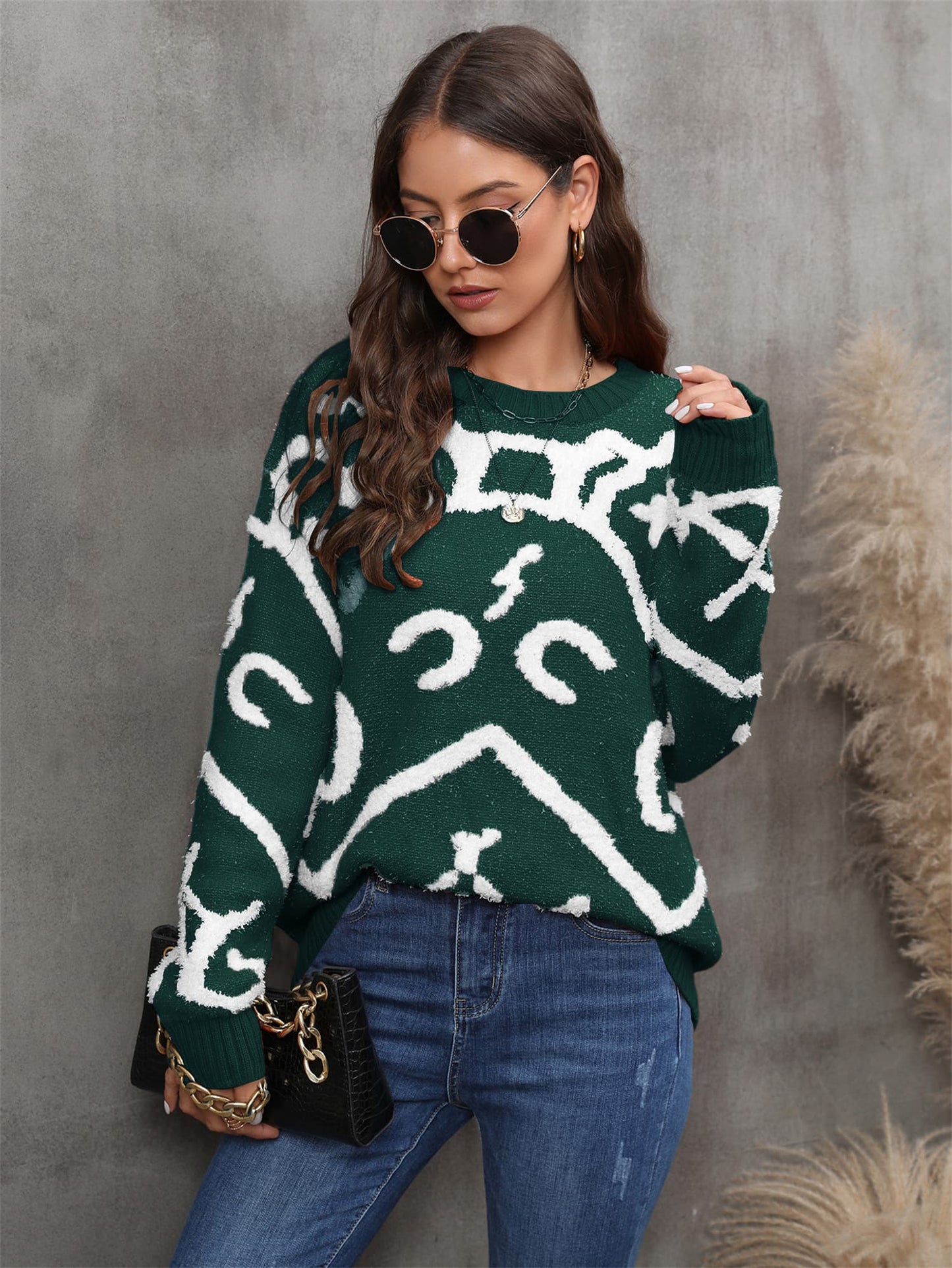 Printed Round Neck Dropped Shoulder Sweater