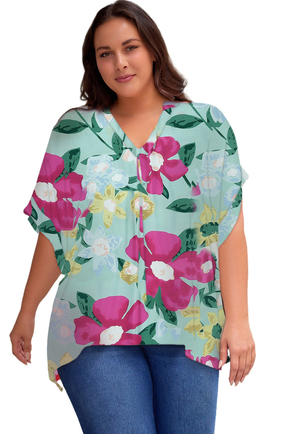 Plus Size Printed Notched Neck Half Sleeve Top