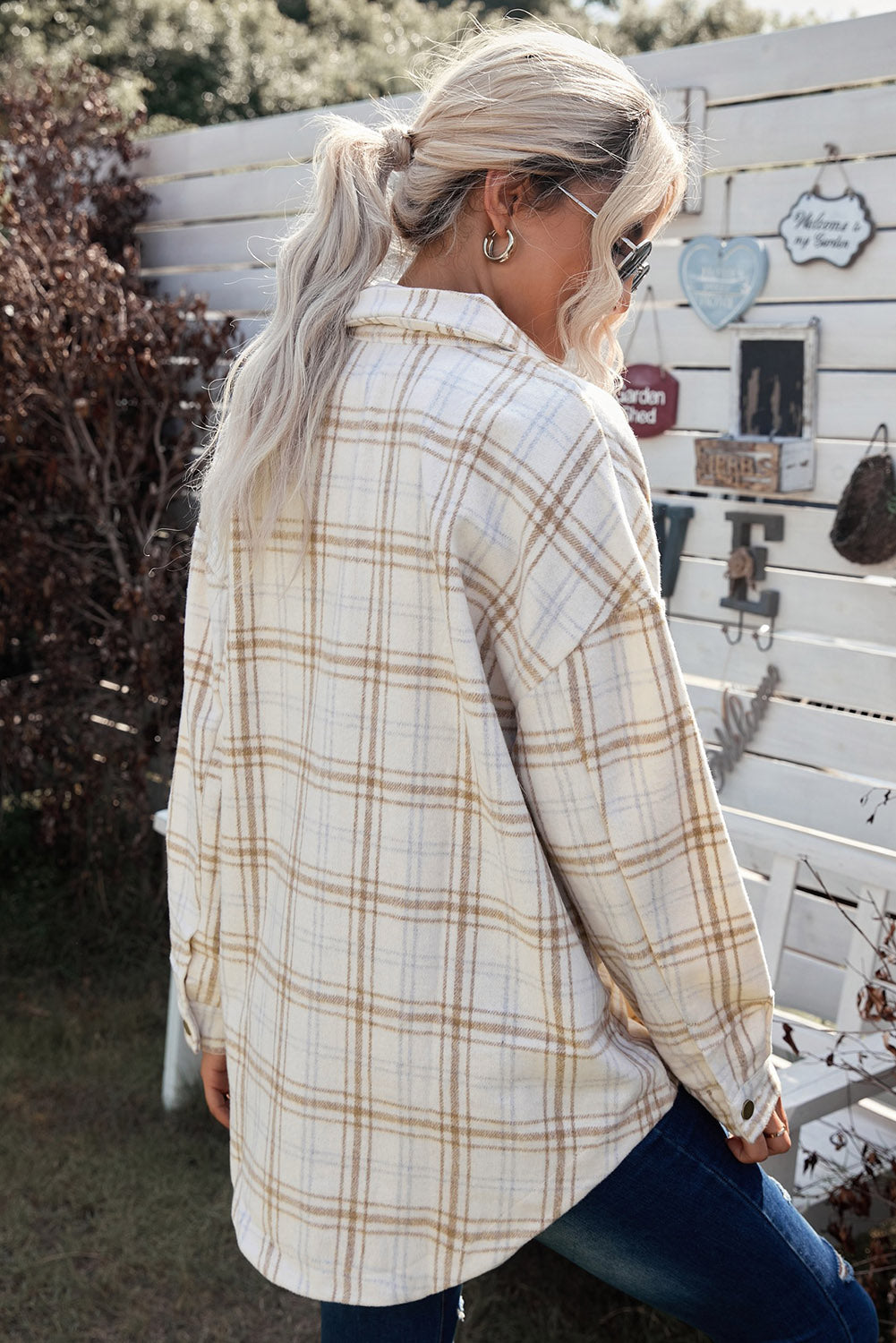 Plaid Curved Hem Dropped Shoulder Longline Shirt Jacket