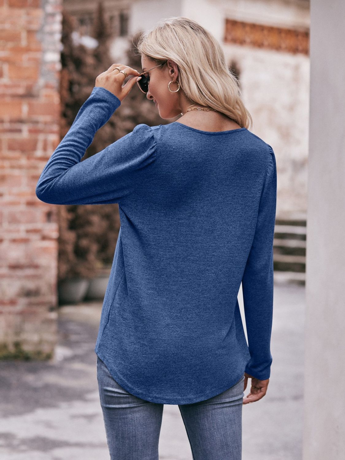 Pleated Detail Curved Hem Long Sleeve Top