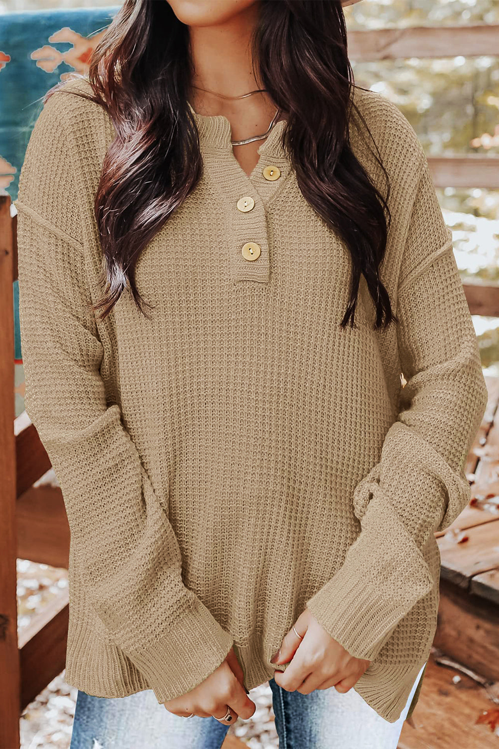 Waffle-Knit Dropped Shoulder Buttoned Sweater