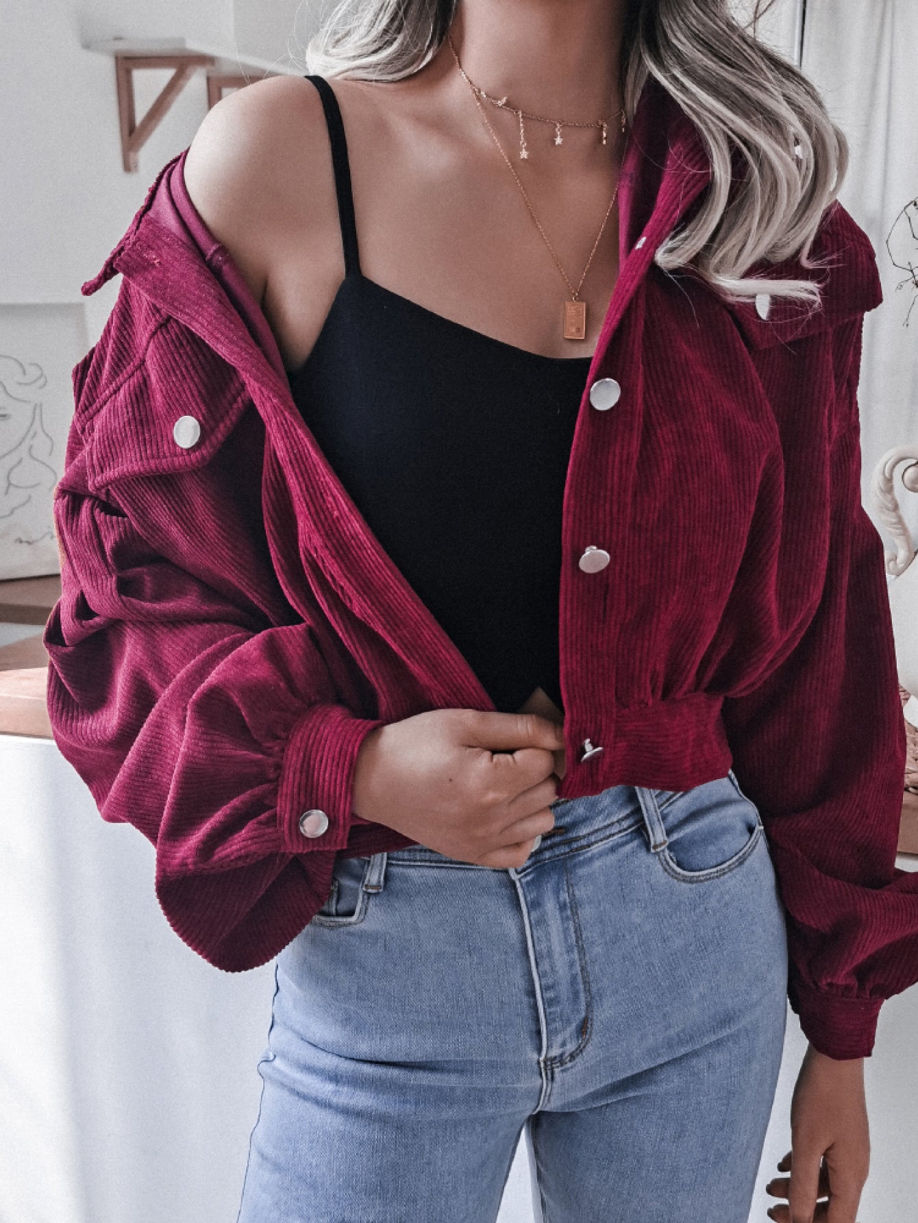 Lantern Sleeve Cropped Corduroy Jacket