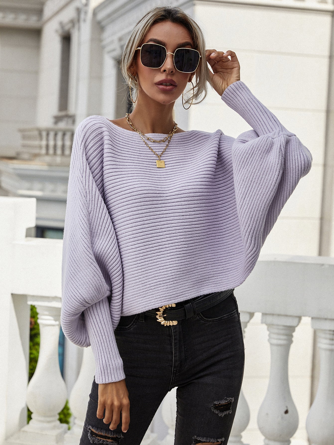 Woven Right Horizontal Ribbing Dolman Sleeve Sweater