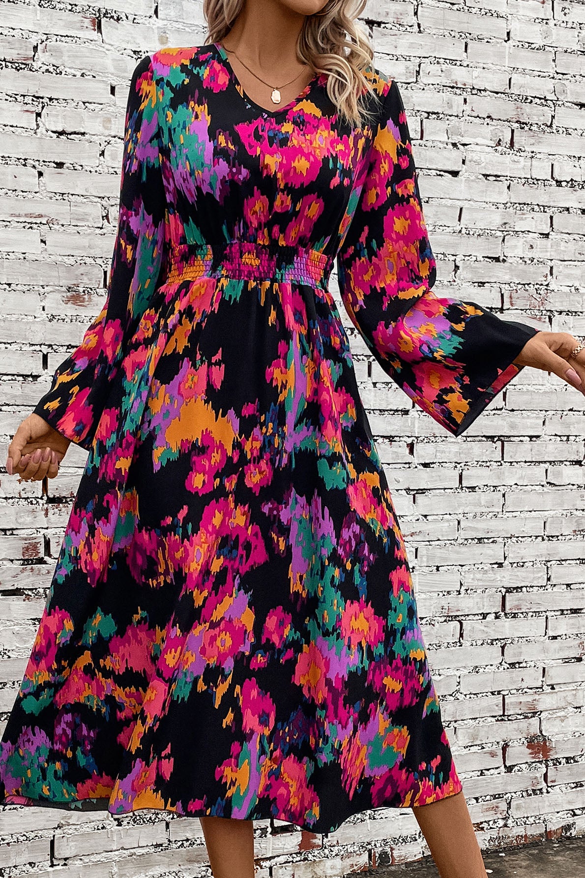 Printed Smocked Waist Midi Dress