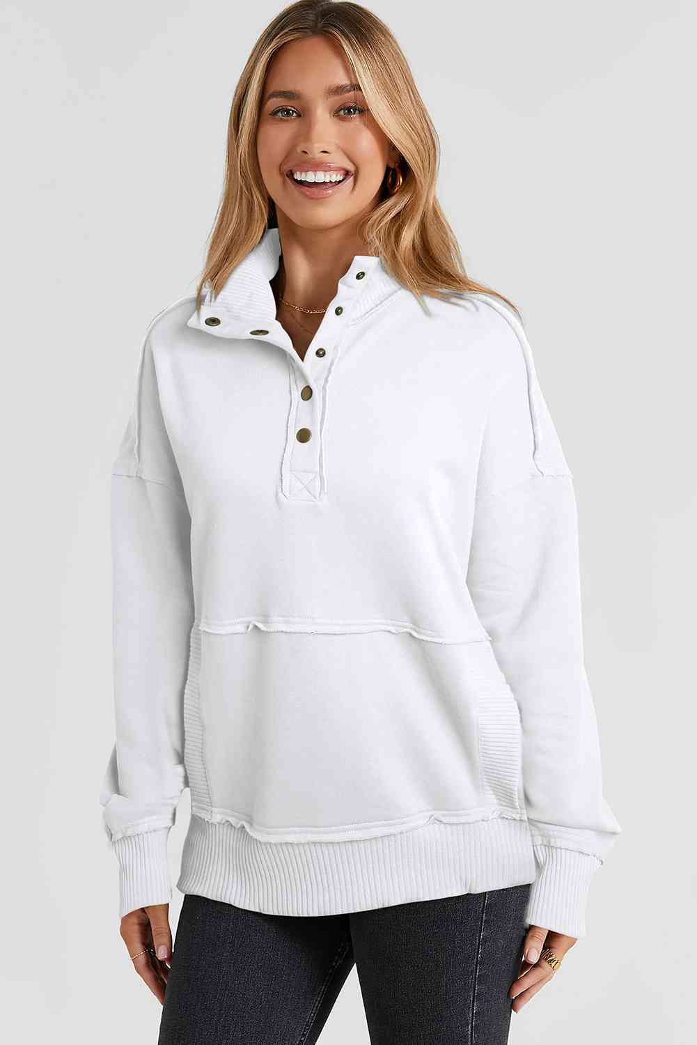 Half Snap Drop Shoulder Long Sleeve Sweatshirt