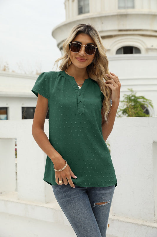 Swiss Dot Notched Neck Short Sleeve Top