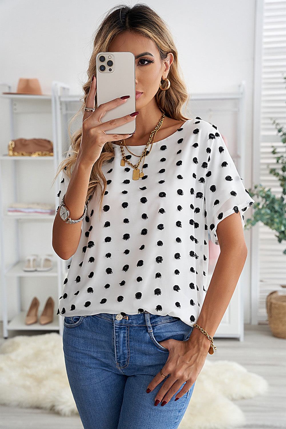 Swiss Dot Round Neck Blouse